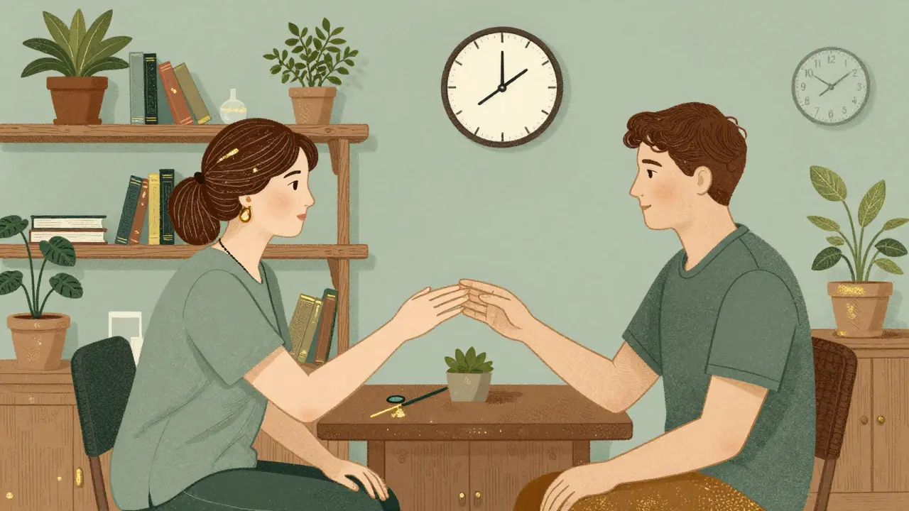 Terapeut a klient sedí proti sobě v teplé místnosti s dřevěnými detaily a rostlinami.