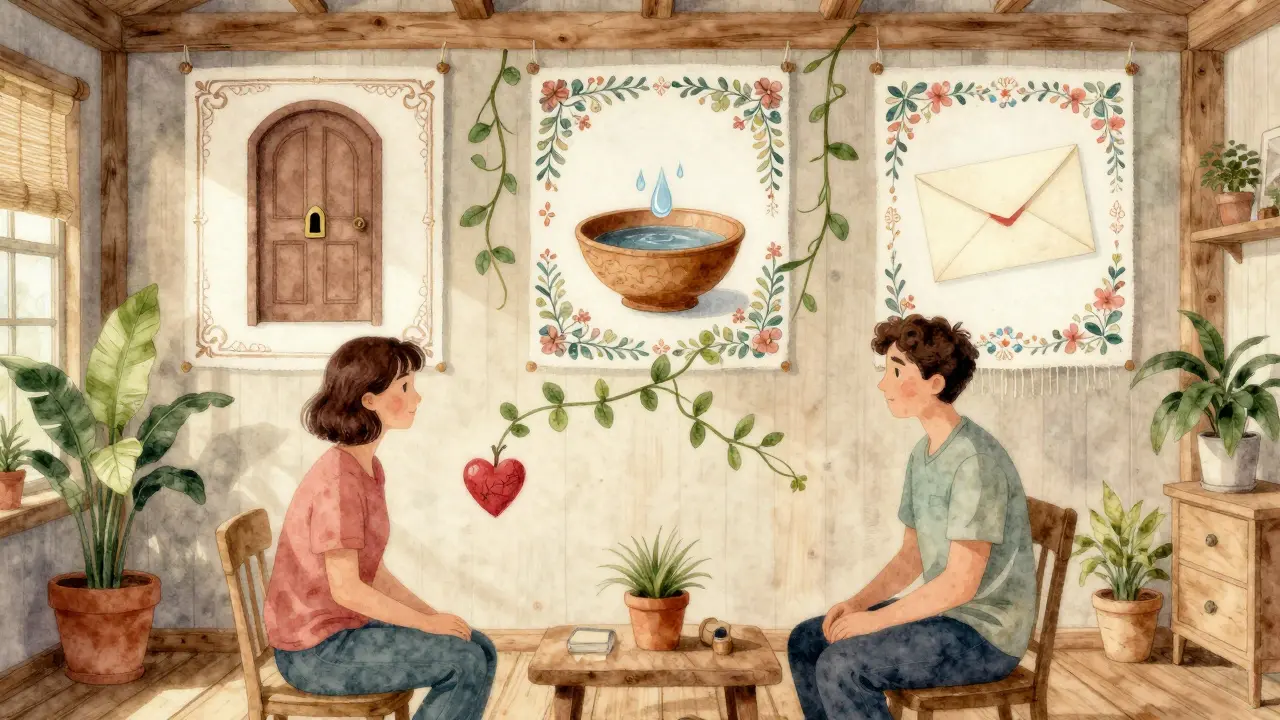 Terapeut a klient spolu v klidné místnosti s dřevěnými detaily a přírodními motivy.