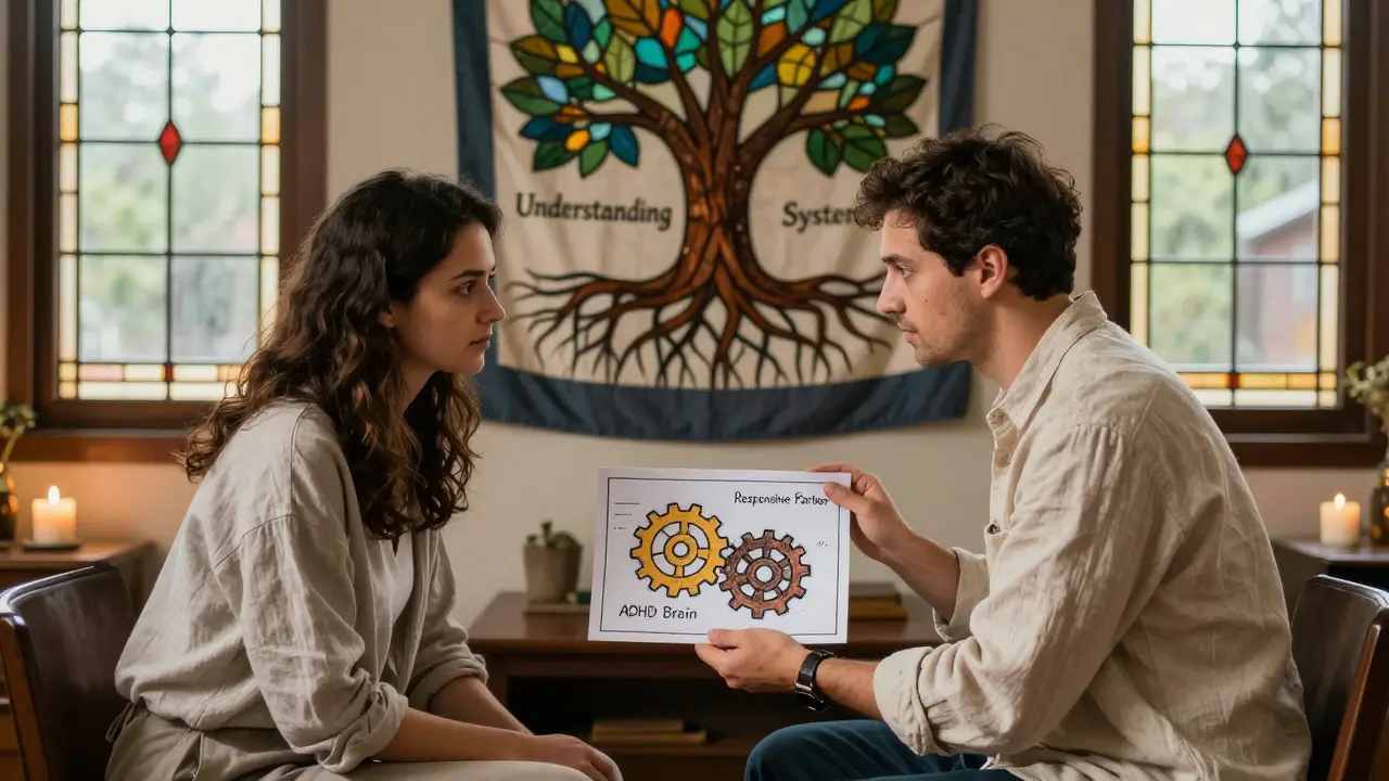 Terapeut ukazuje páru nákres dvou zapojených ozubených kol s popisky ADHD a reakce.
