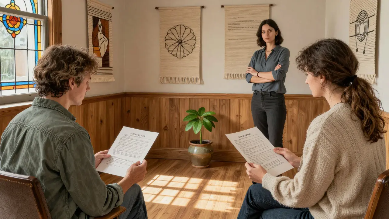 Terapeutický pokoj s dřevěnými panely a tapetami, klient čte smlouvu, terapeut stojí vzdáleně, sluneční světlo skrz vitráž.