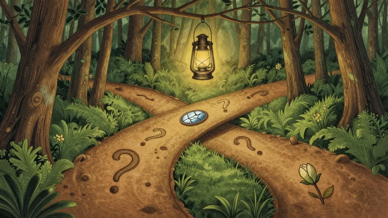 Tři cesty v lese označené symboly — otázka, zrcadlo, květ — bez postav, jen světlo.