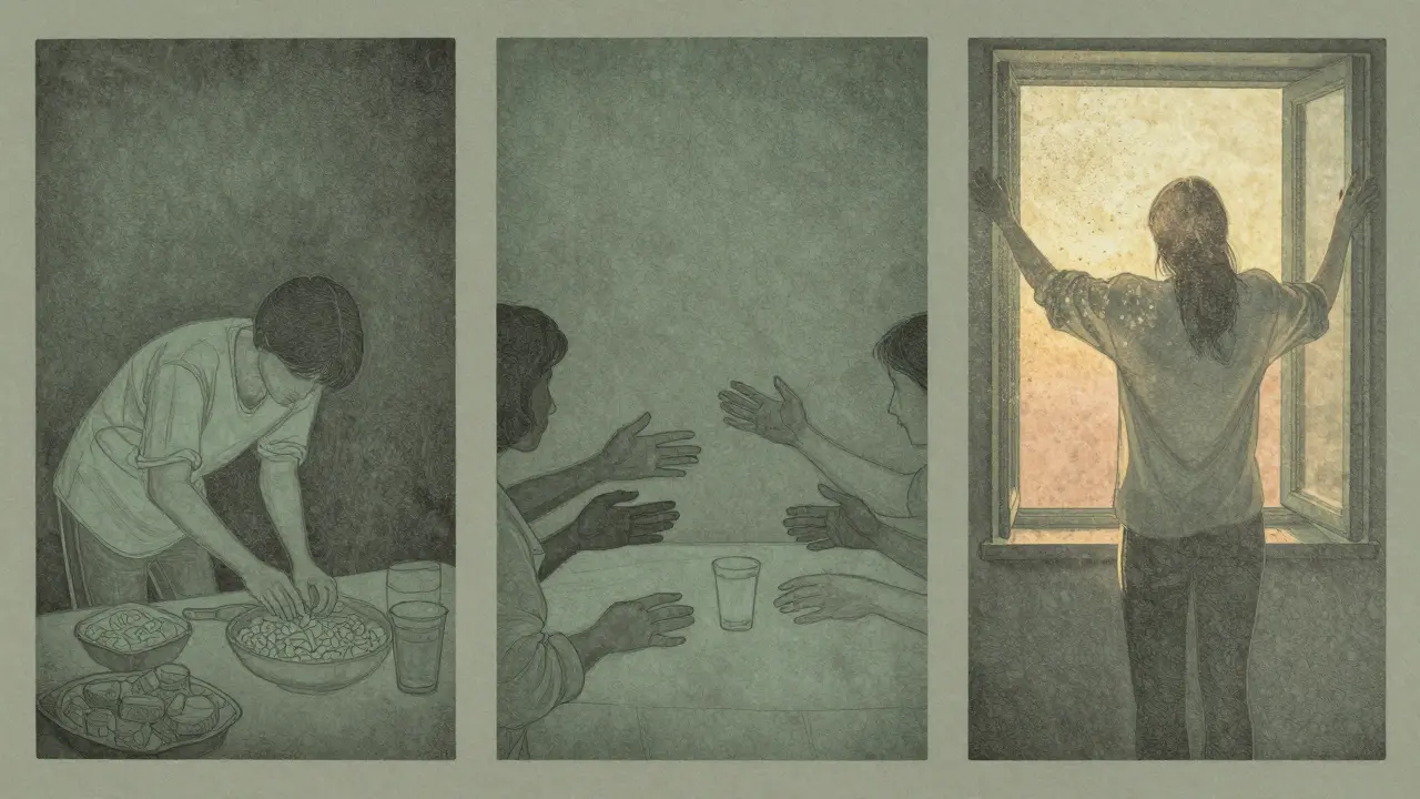 Tři panely ukazují cestu od přejídání přes komunikaci k volnosti pod světlem.