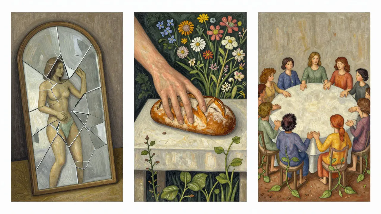 Trojice obrazů: zkreslené zrcadlo, chléb s květinami a kruh lidí držících si ruce.