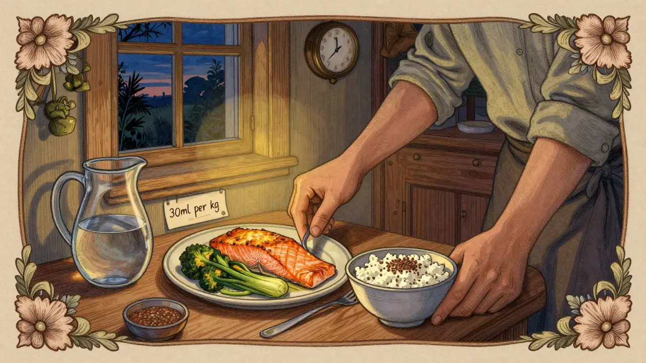 Večerní jídlo z lososa a zeleniny s vývar z kostí a sklenicí vody v klidném prostředí.