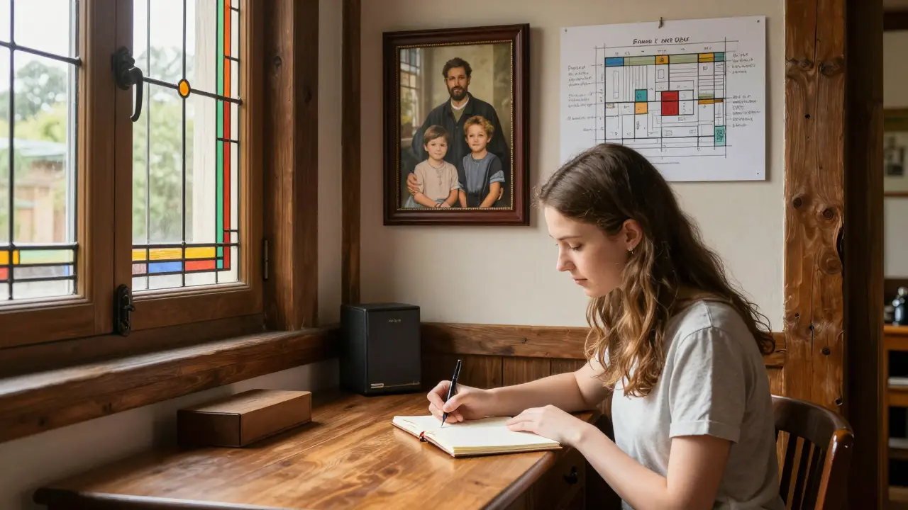 Young woman writing in journal surrounded by family photo and handwritten recovery plan.