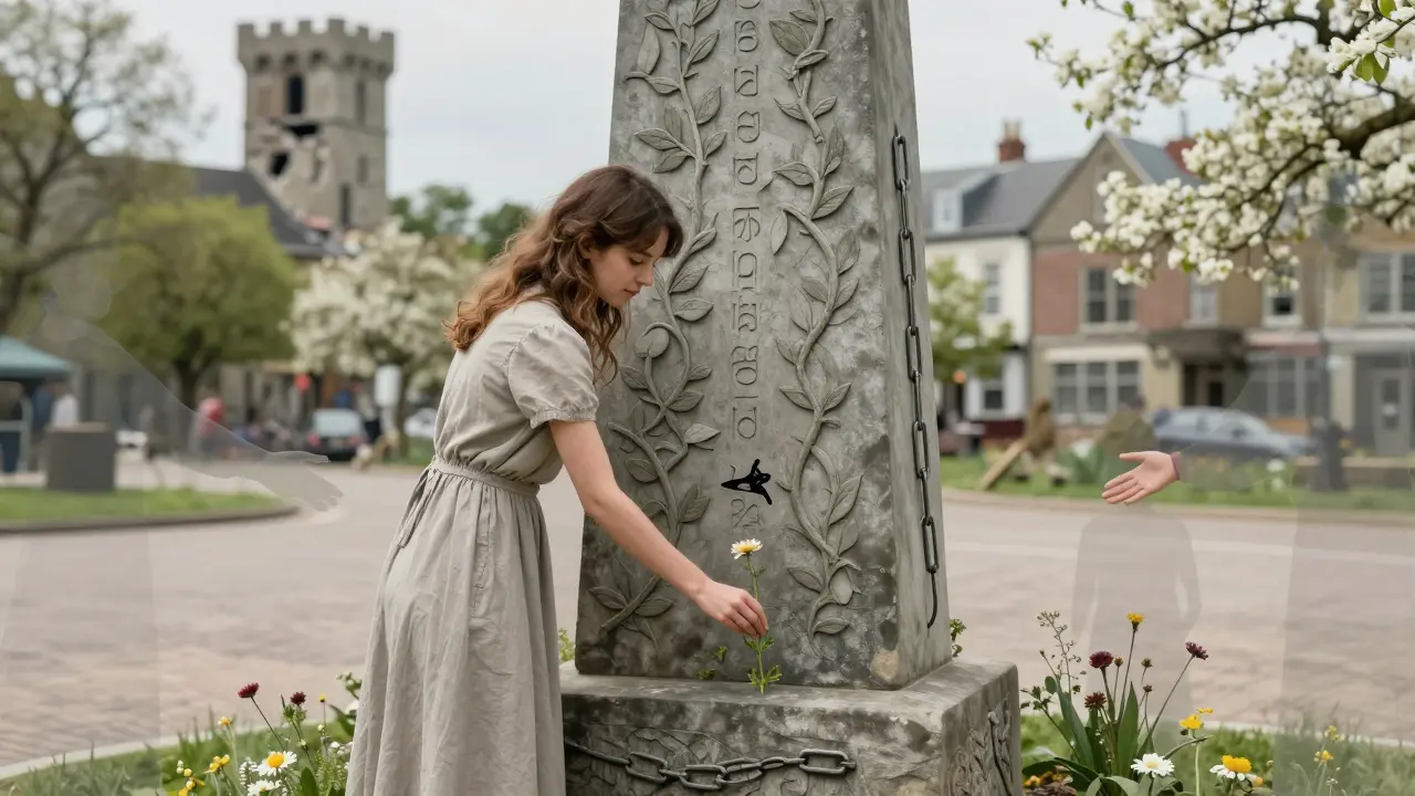 Žena klade květinu na pomník, kolem ní se objevují průhledné postavy minulých generací.