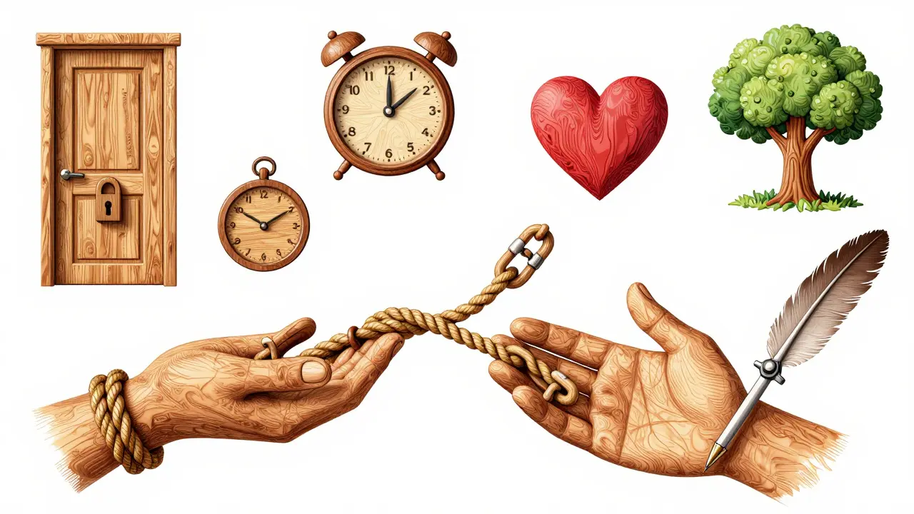 Zlomený řetěz se mění ve tkaný lano, klient a terapeut drží jeho konce, kolem nich symboły důvěry a bezpečí.