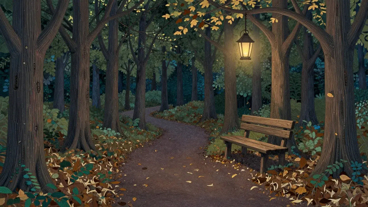 Cesta lesem k lampaře na lavičce, kde listy tvoří vzory jako myšlenky — klid, odolnost a odpočinek.
