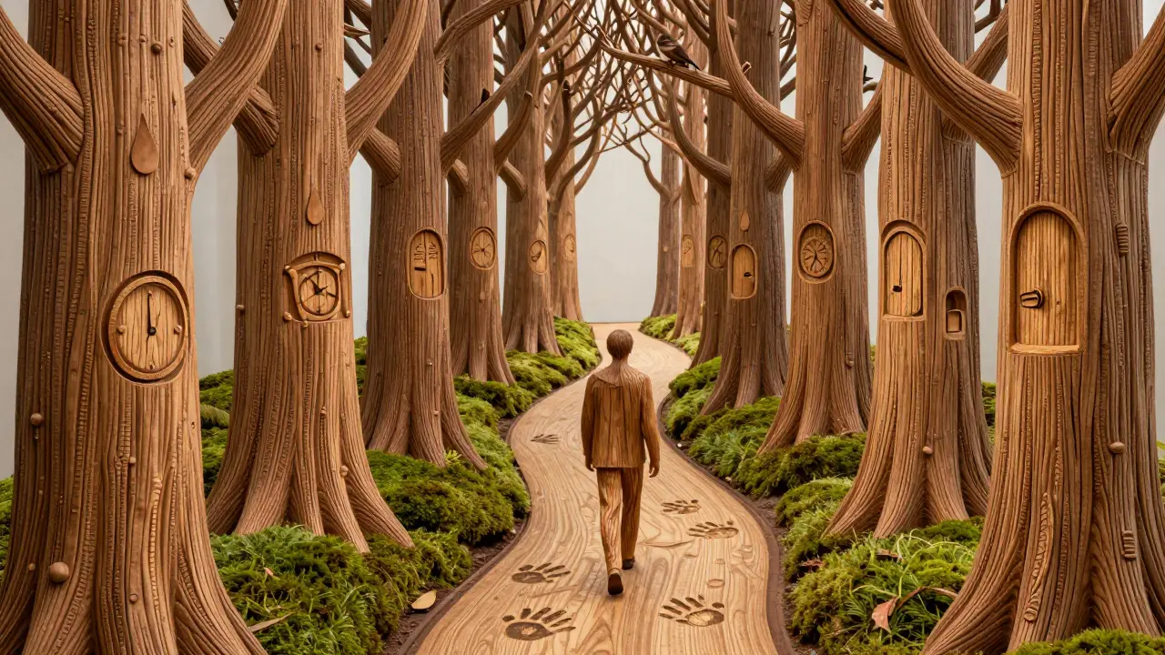 Cesta lesem s symbolickými kmeny stromů a postavou, která pomalu kráčí, zatímco za ní zůstávají stopy.