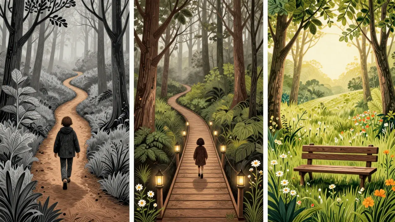 Cesta skrz mlhavý les s třemi fázemi: únavou, přechodem s lucernami a slunnou loukou, vše v rukotvorném stylu s rostlinnými motivy.