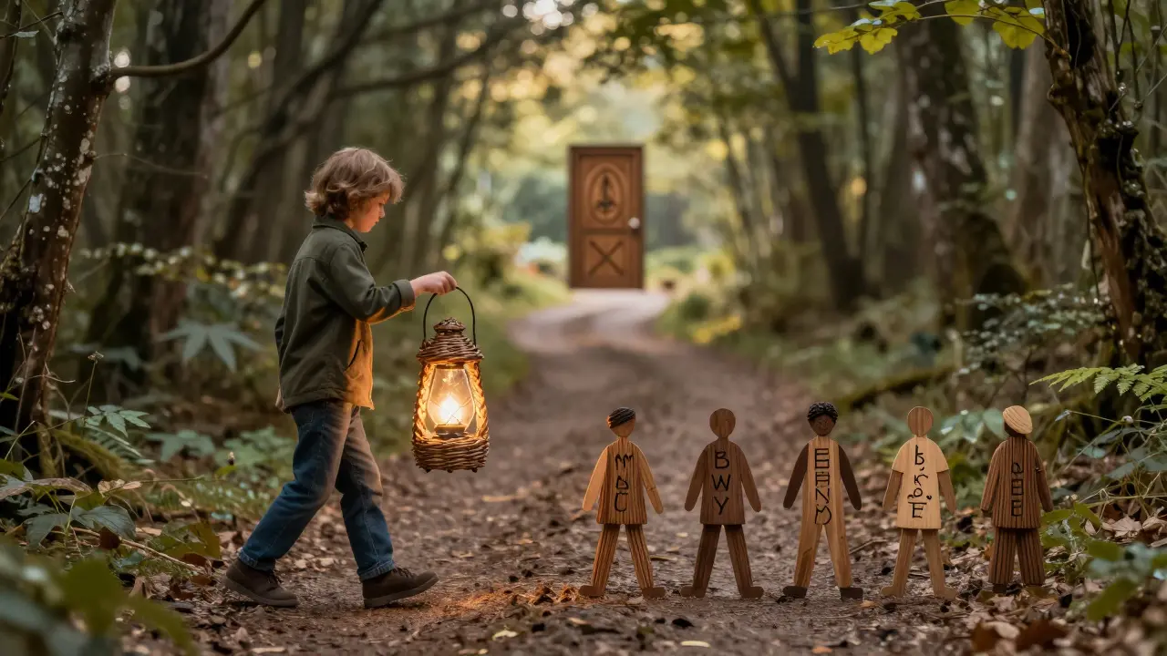 Člověk jde cestou v úsvitu s lampionem, za ním následují pět postav symbolizujících kvalitní terapii.