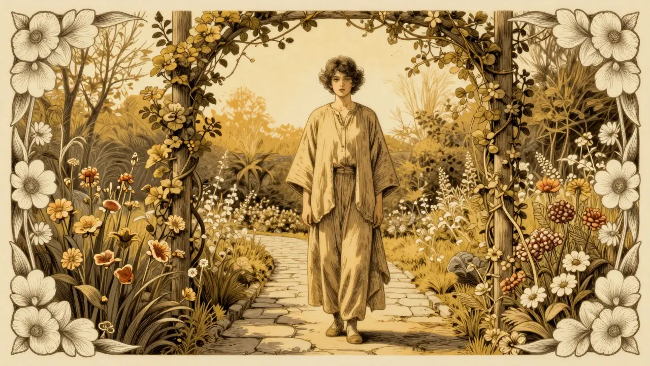 Člověk stojící na cestě v kvetoucí zahradě symbolizující uzdravení.