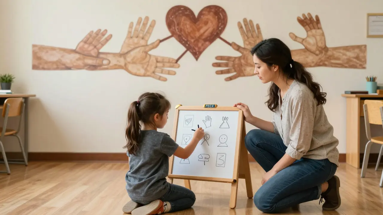 Dítě používá PECS tabuli ve škole, s učitelkou a logopedkou, které ho podporují.