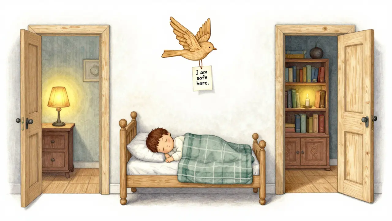 Dítě spí mezi dvěma otevřenými dveřmi, každá vede k domovu jednoho rodiče.
