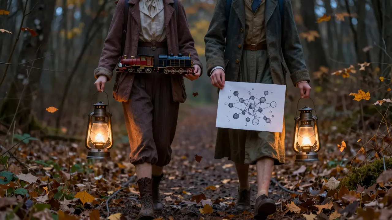 Dva lidé jdou lesní cestou, každý s vlastním symbolickým předmětem, večerní světlo a listí.