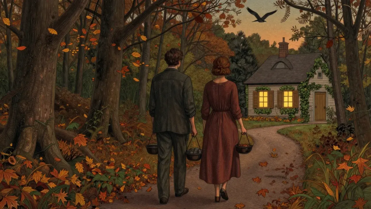 Dva lidé procházejí lesem v soumraku, bez jídla, jen spolu, v klidu a míru.