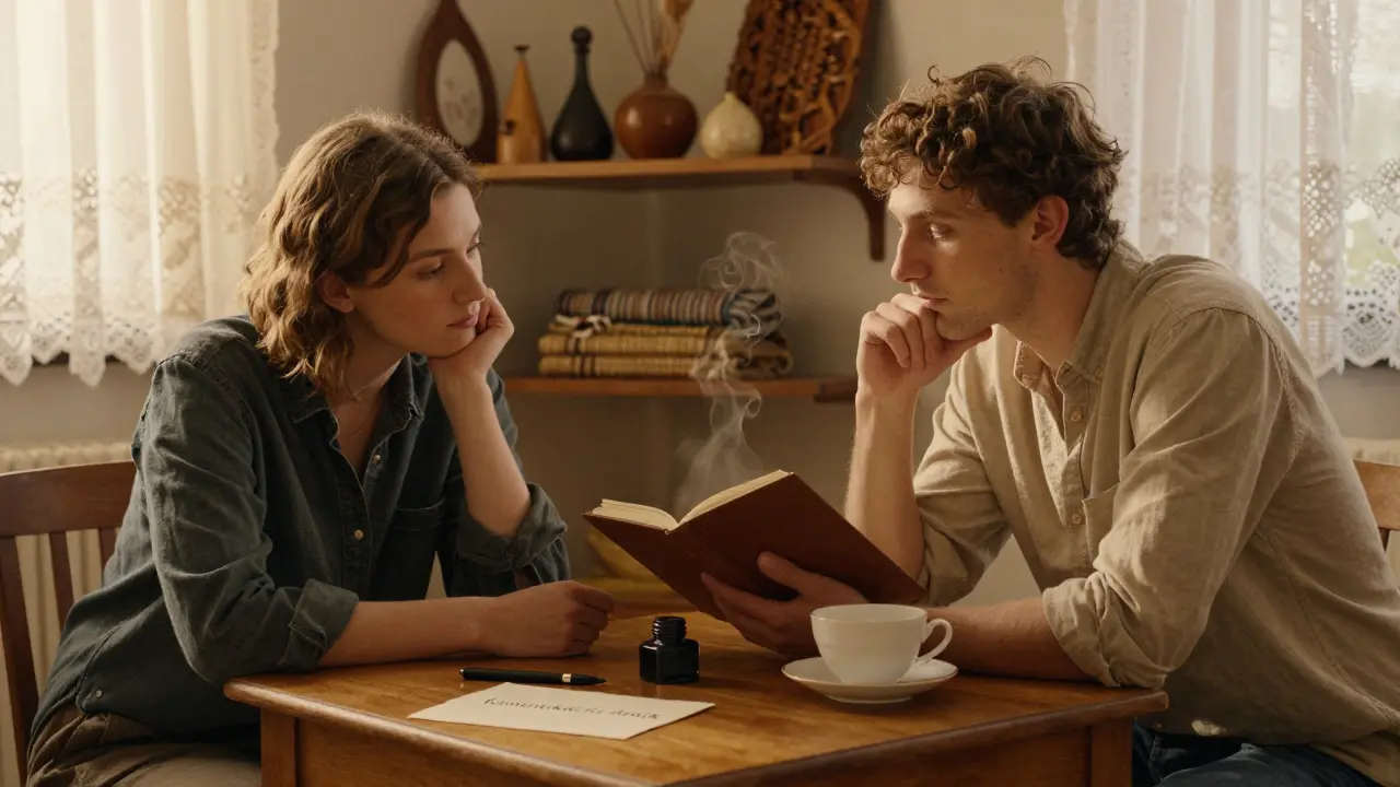 Dva lidé společně vyplňují komunikační deník v klidném prostředí s řemeslnými detaily.