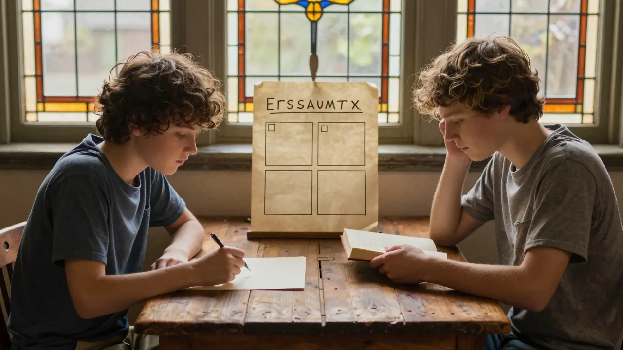 Dvě osoby u stolu, jedna s prázdným listem, druhá čte knihu, na stole matice Eisenhowerova.