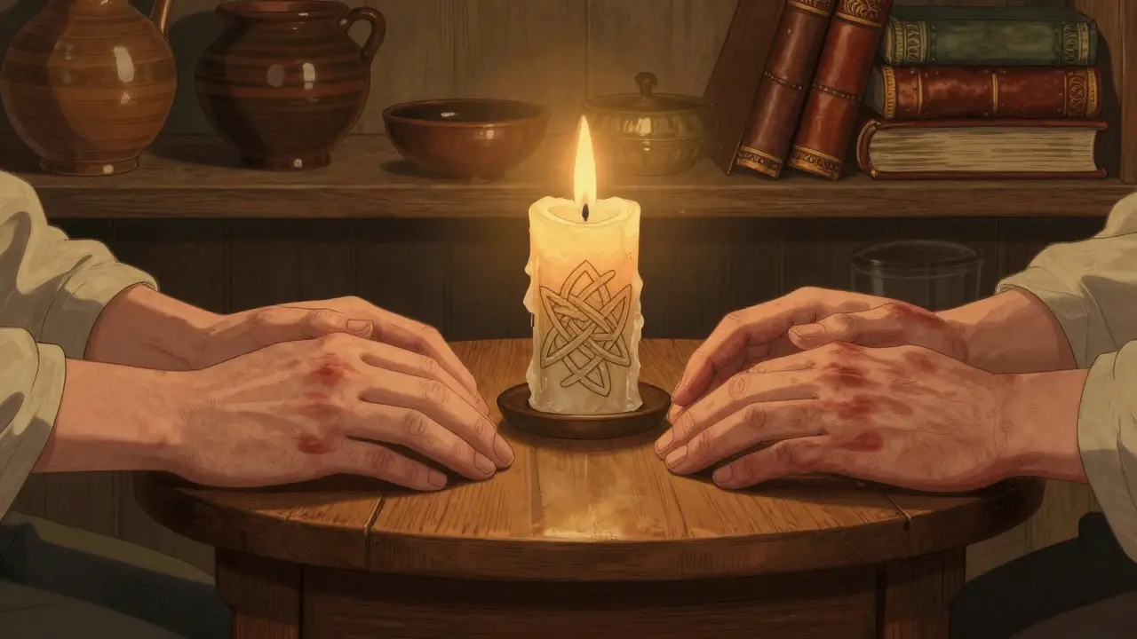 Dvě ruce se blíží k sobě přes stůl, mezi nimi svíčka symbolizující neřečené emoce.