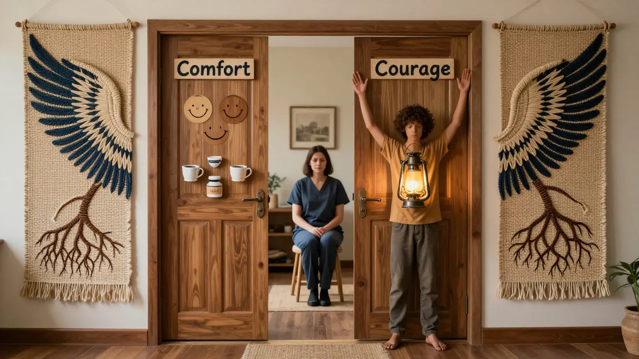 Klient stojí na prahu mezi pohodím a odvahou, terapeut ho pozoruje s úctou a otevřeností.