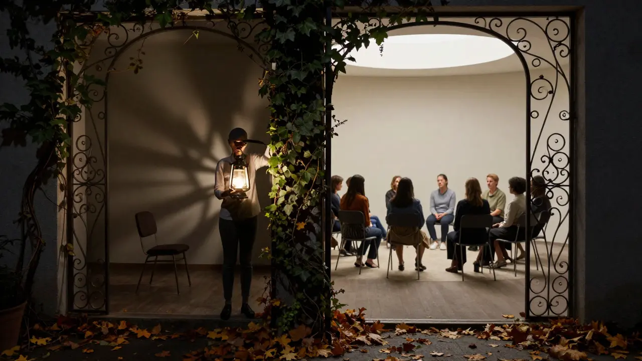 Osoba stojí na prahu mezi jednotlivou a skupinovou terapií, drží lampion, který osvětluje oba prostory.