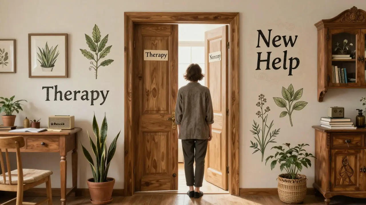 Osoba stojí před dvěma dveřmi – jedny vedou k terapii, druhé k nové pomoci, s českými rostlinnými motivy.