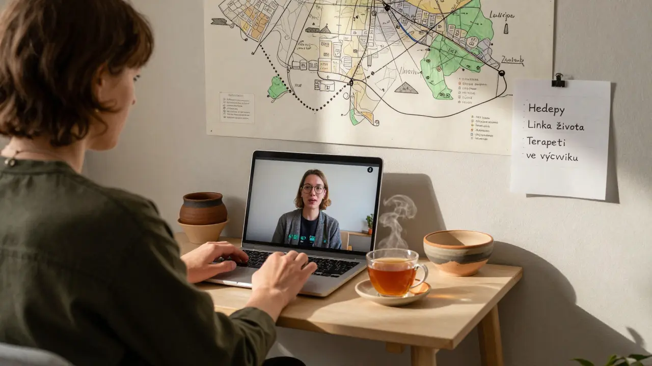 Osoba vede online terapii z domova, kolem ní ručně vyrobené předměty a seznam pomoci pro duševní zdraví.