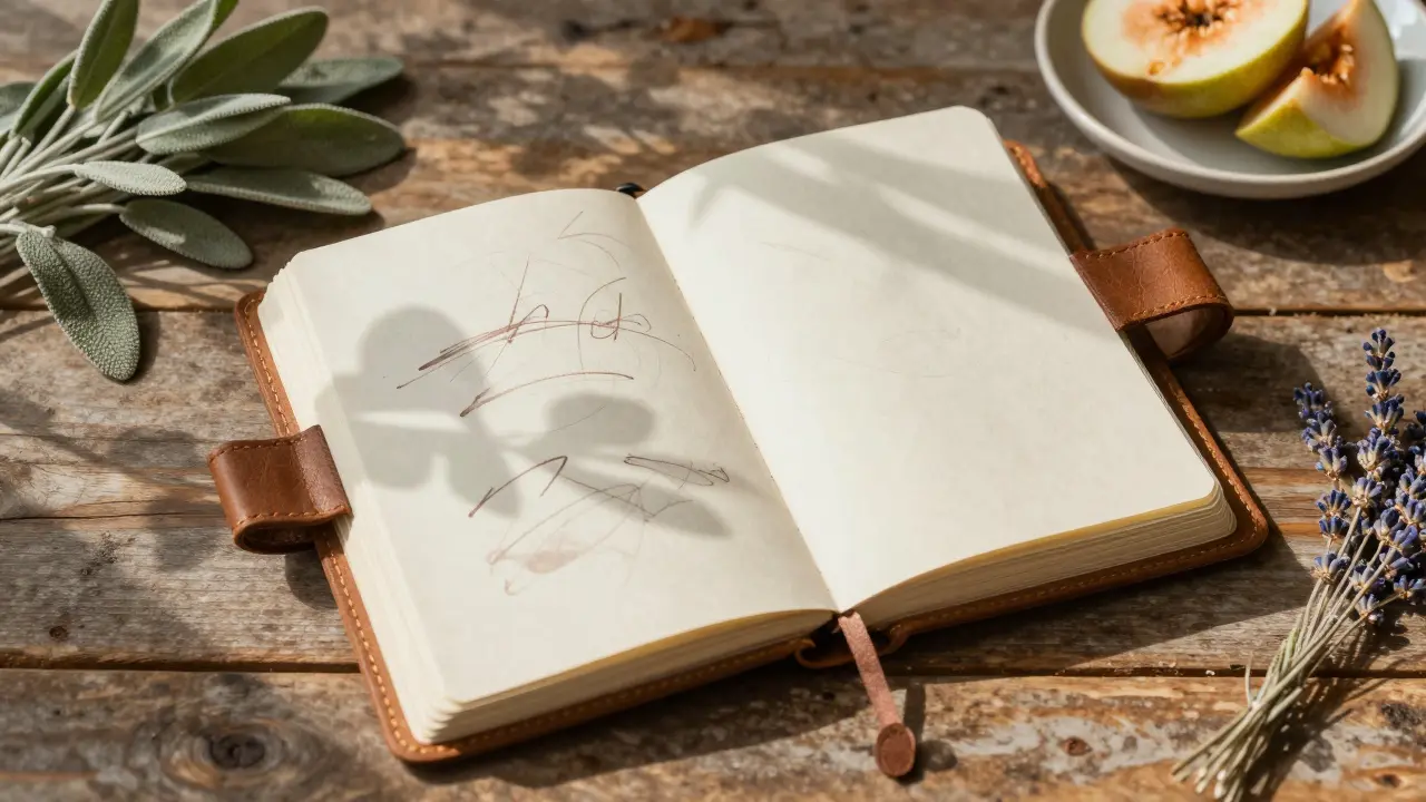 Otevřený deník sešit pro sledování jídel na dřevěném stole.