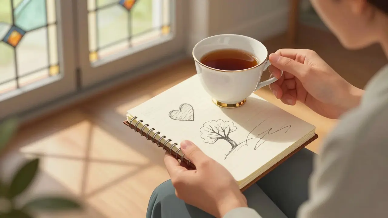 Ruce terapeuta drží šálek a poznámky s rukou kreslenými symboly důvěry, růstu a pokroku.
