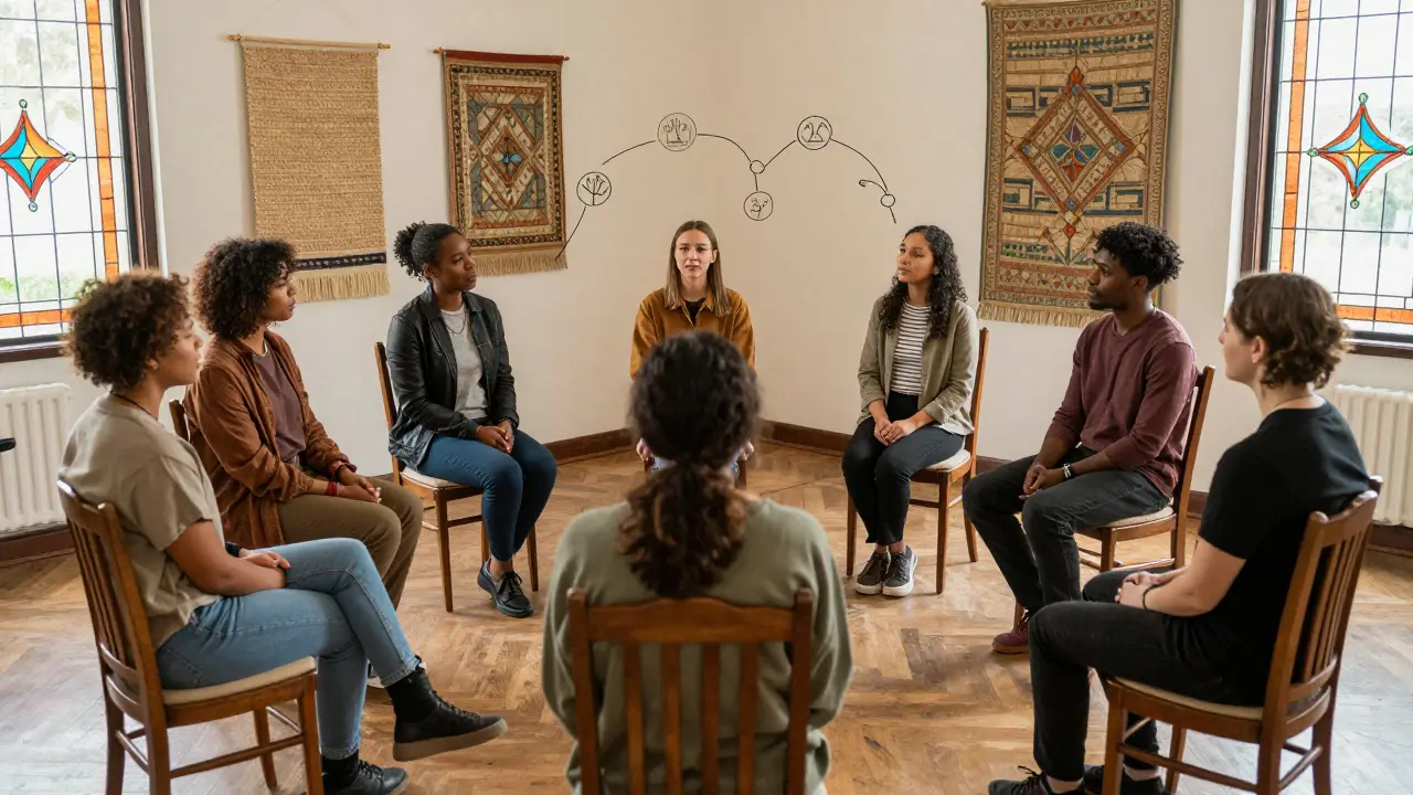 Sedm lidí sedí ve kruhu v komunitní místnosti, kde se navzájem poslouchají, symbolizující skupinovou psychoterapii.