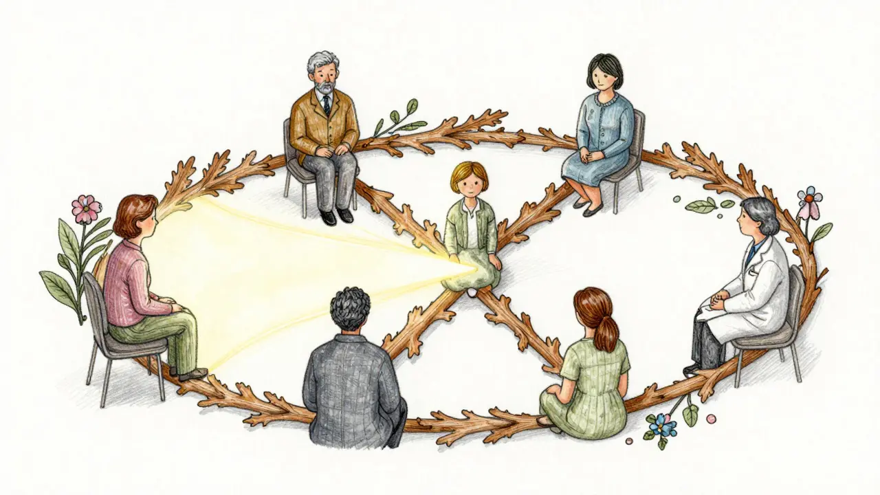 Síť odborníků spojená větvemi a květinami, znázorňující spolupráci v péči o duševní zdraví.