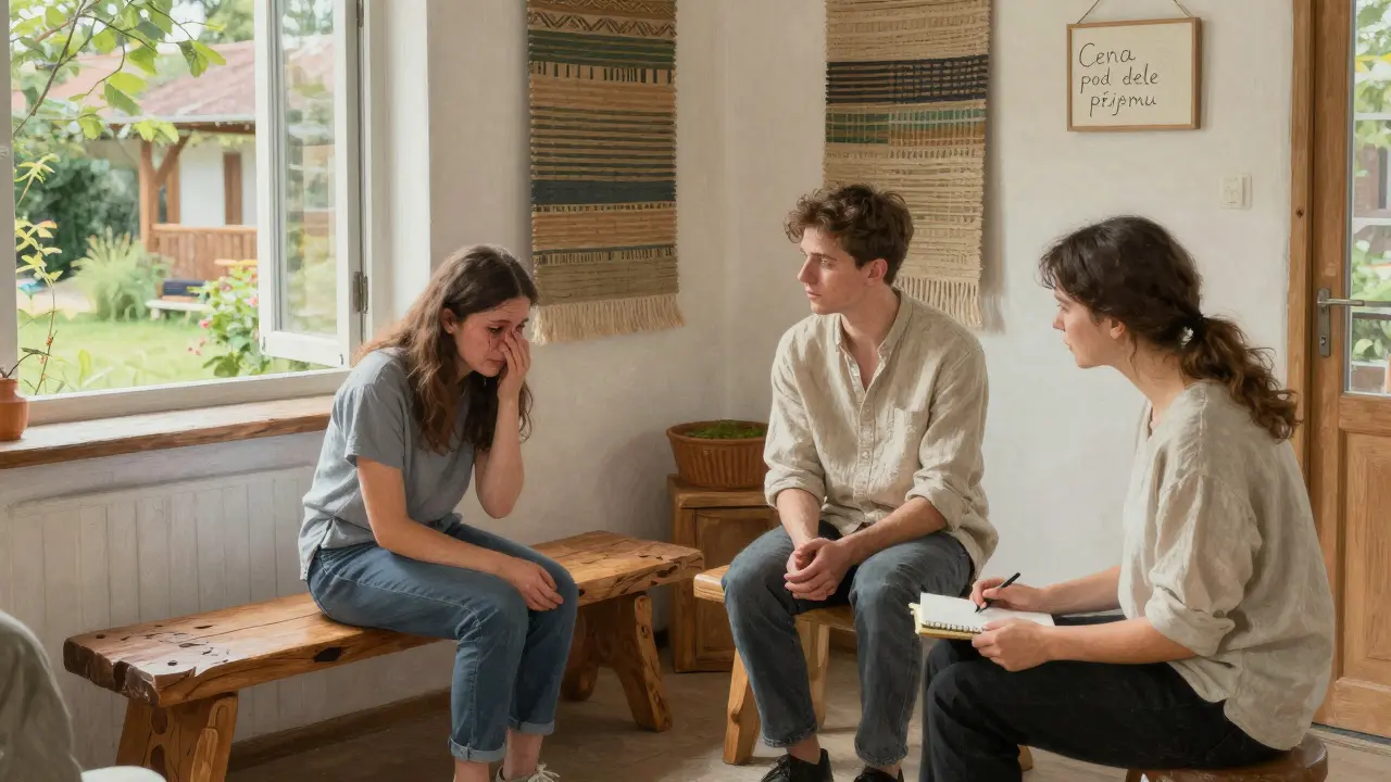 Skupinová terapie v světlé místnosti s dřevěnými lavičkami a tapiseriemi, klienti se otevírají pod dohledem terapeuty.