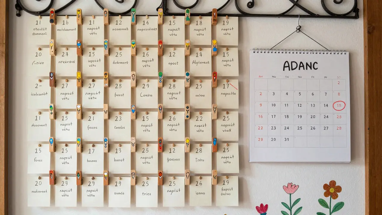 Stěna s rukou kreslenými kartičkami úkolů a kalendářem, ozdobená přírodními motivy.