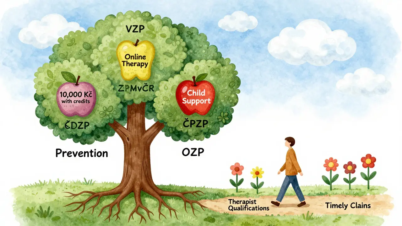 Strom s větvemi představujícími české zdravotní pojišťovny a jejich příspěvky.