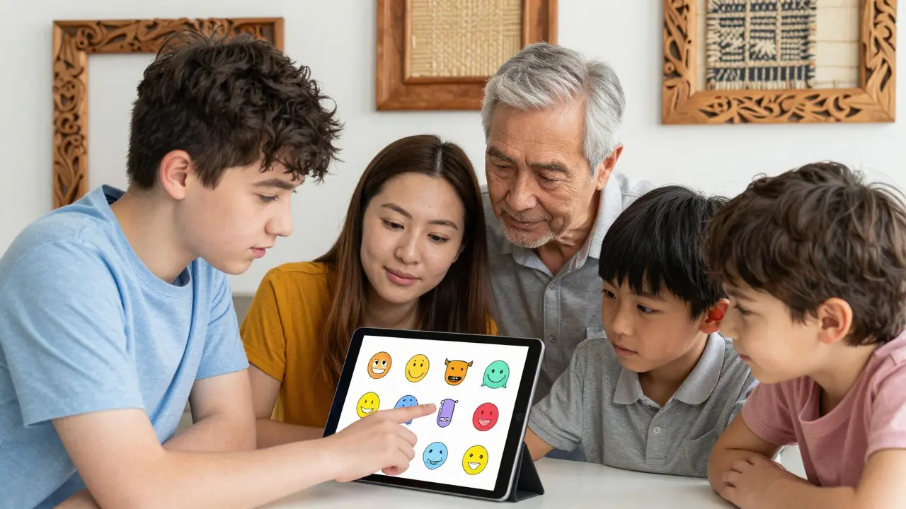 Teenager komunikuje pomocí tabletu s ilustrovanými ikonami, zatímco rodina pozorně sleduje.
