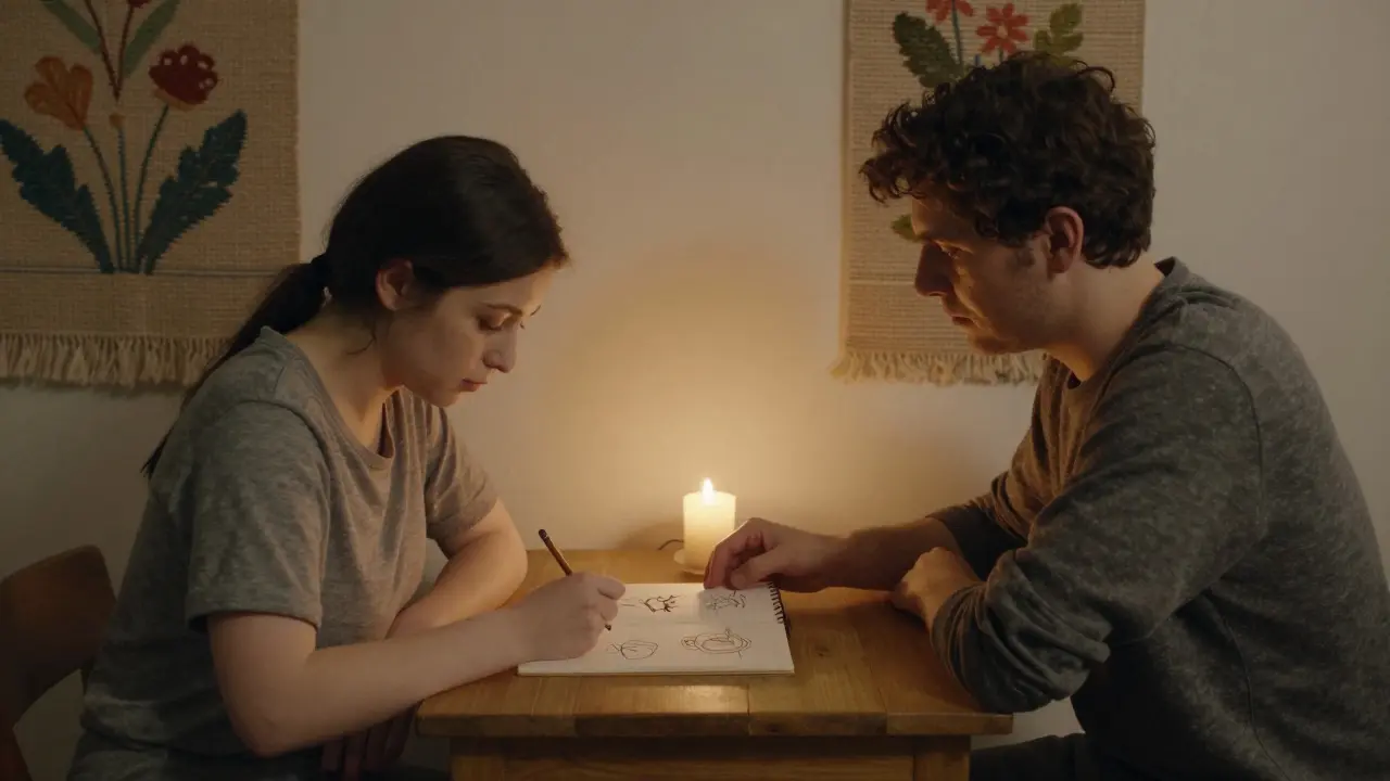 Terapeut a pacient sedí u dřevěného stolu, mezi nimi je sešit se skicami každodenních aktivit, teplé světlo a tapety s květinami.