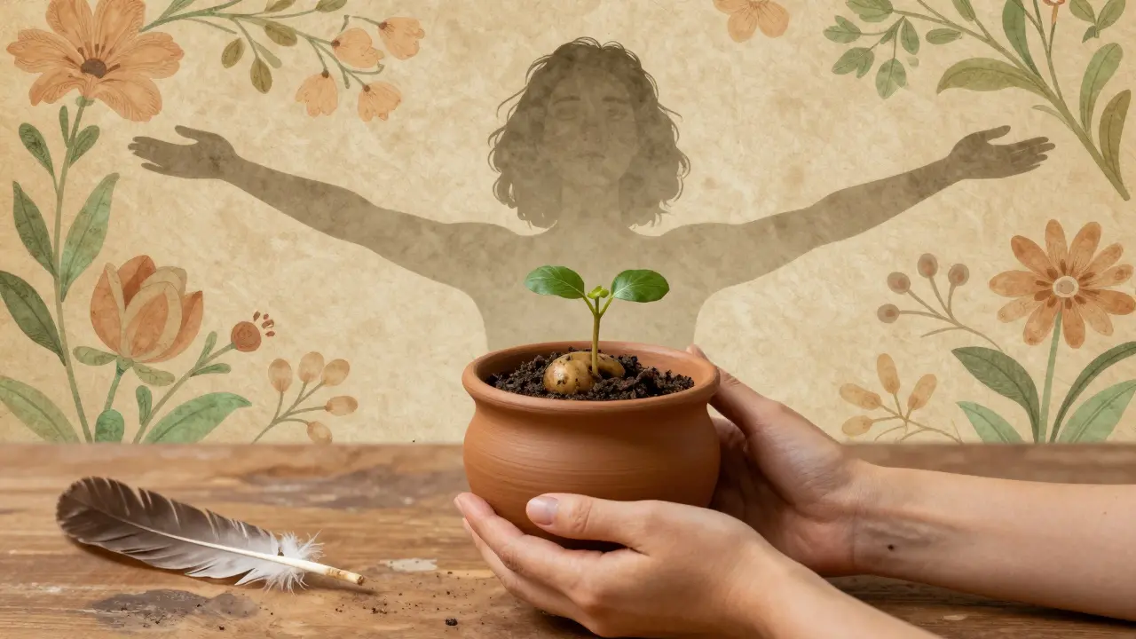 Terapeut drží hliněnou nádobu s klíčící bramborou, za ním se objevuje postava probouzející se k sobě.