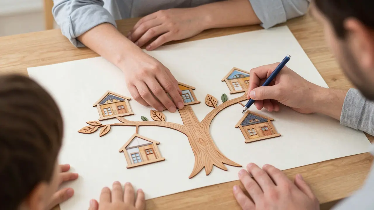Terapeut s dítětem a rodičem kreslí rodinný strom s dvěma větvemi v rukou.