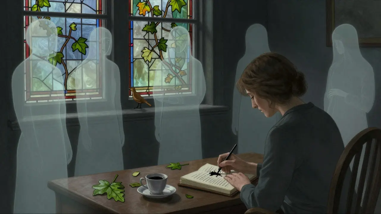 Terapeut v nočním kanceláři, kolem něj stíny bývalých klientů, symbolizující empatii a hranice.