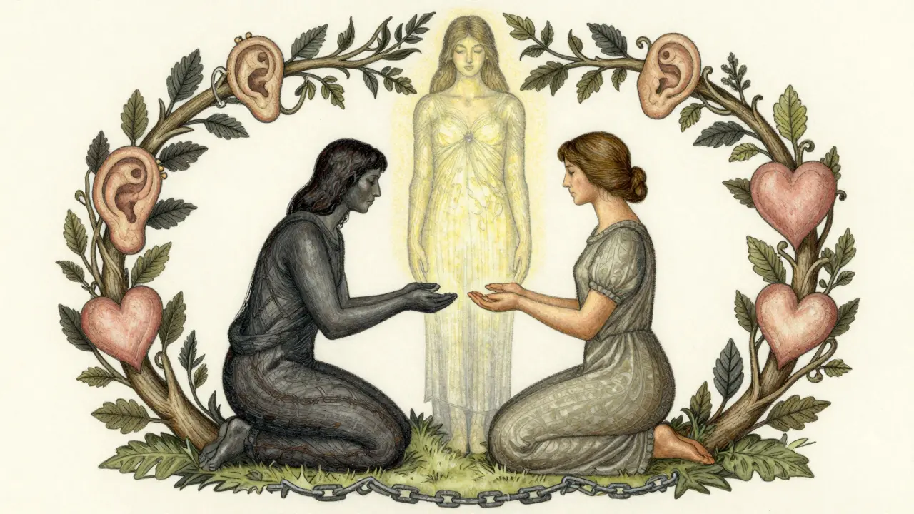 Tři postavy v kruhu: klient v temnotě, terapeut s otevřenými rukama a vznikající já — obklopeno řemeslně kreslenými liánami.