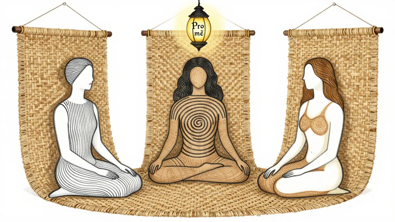 Tři postavy v tapetách s různými vzory symbolizují různé terapeutické přístupy.