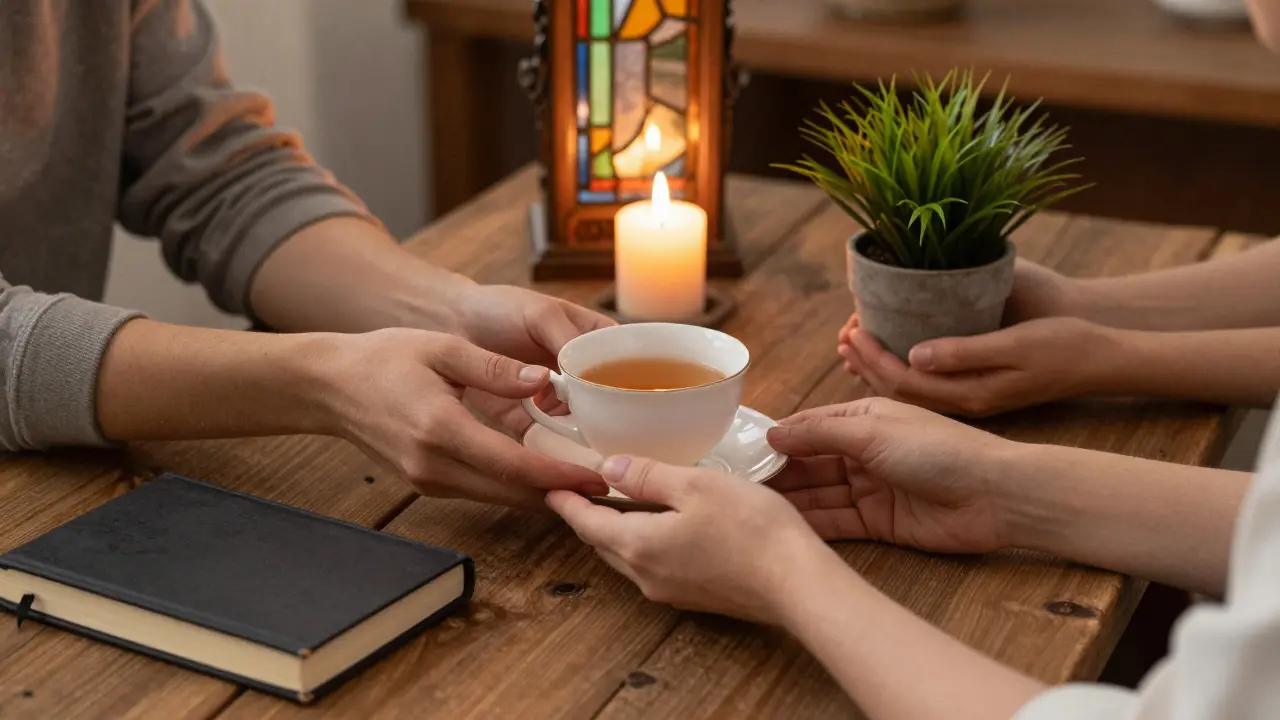 Tři ruce na dřevěné stolici s čajem, sešitem a rostlinkou — znázorňující spojení, sebevědomí a péči.