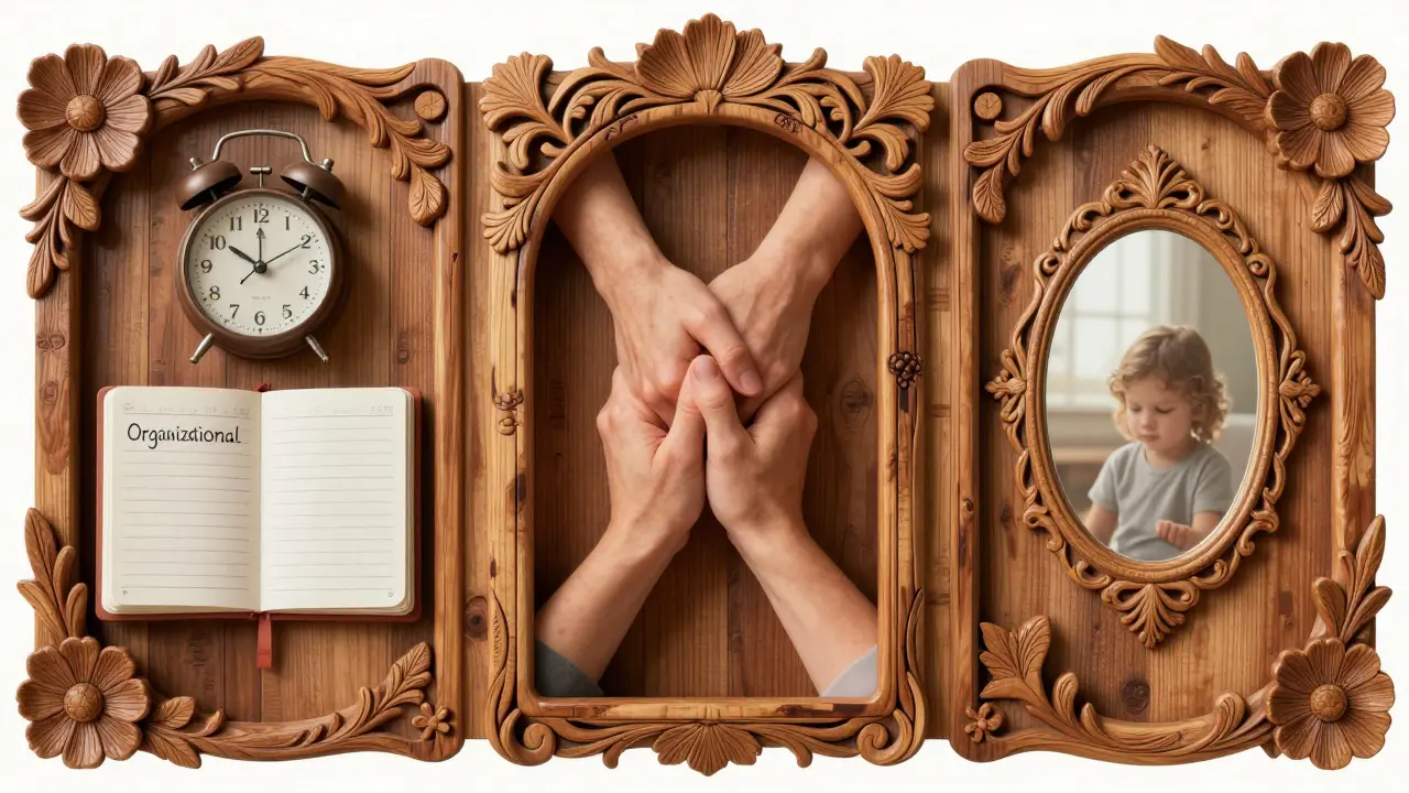 Tři úrovně terapeutického vztahu: organizace, skutečný kontakt a přenos, znázorněny ručně vyrobenými motivy.