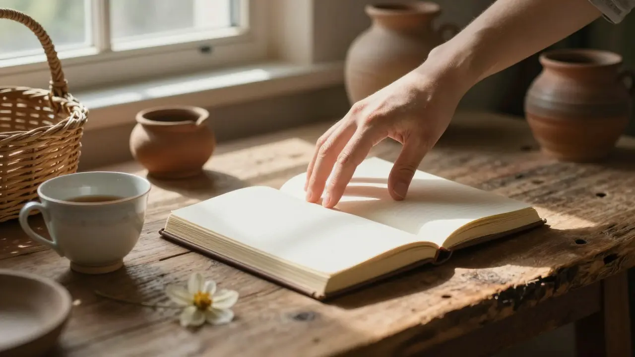 Zavřený deník na stole vedle čaje a vysušeného květu, s jemným světlem ruky nad ním.