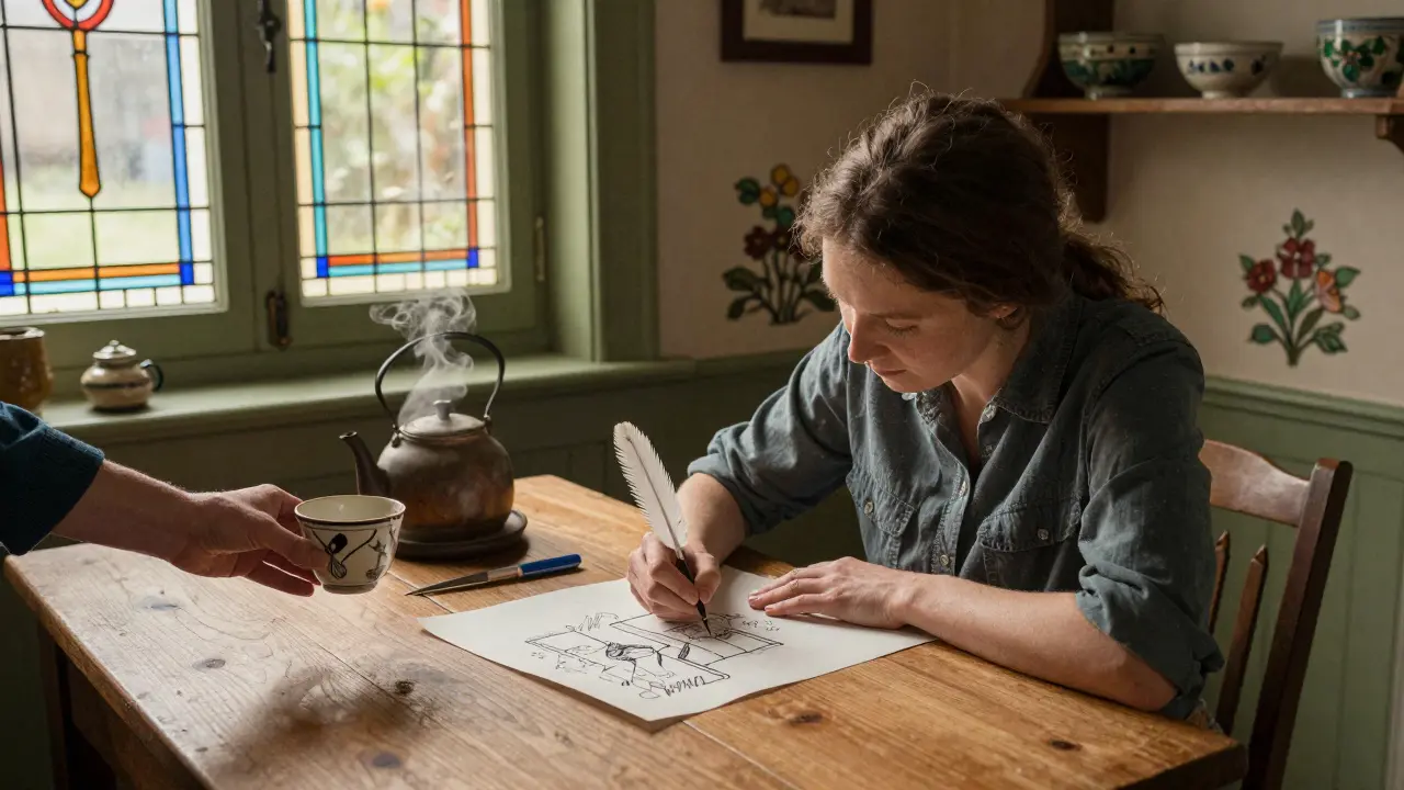 Žena kreslí bezpečnostní plán na stole s čajem a ručně vyráběnými předměty.