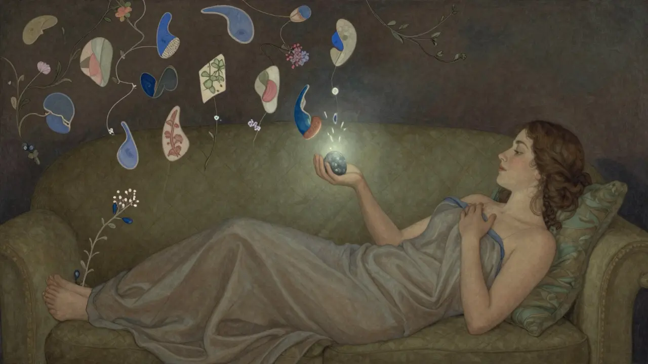 Žena zažívá taktiletní EMDR ve večerní klidné atmosféře, kde se její traumatické vzpomínky mění v květy.