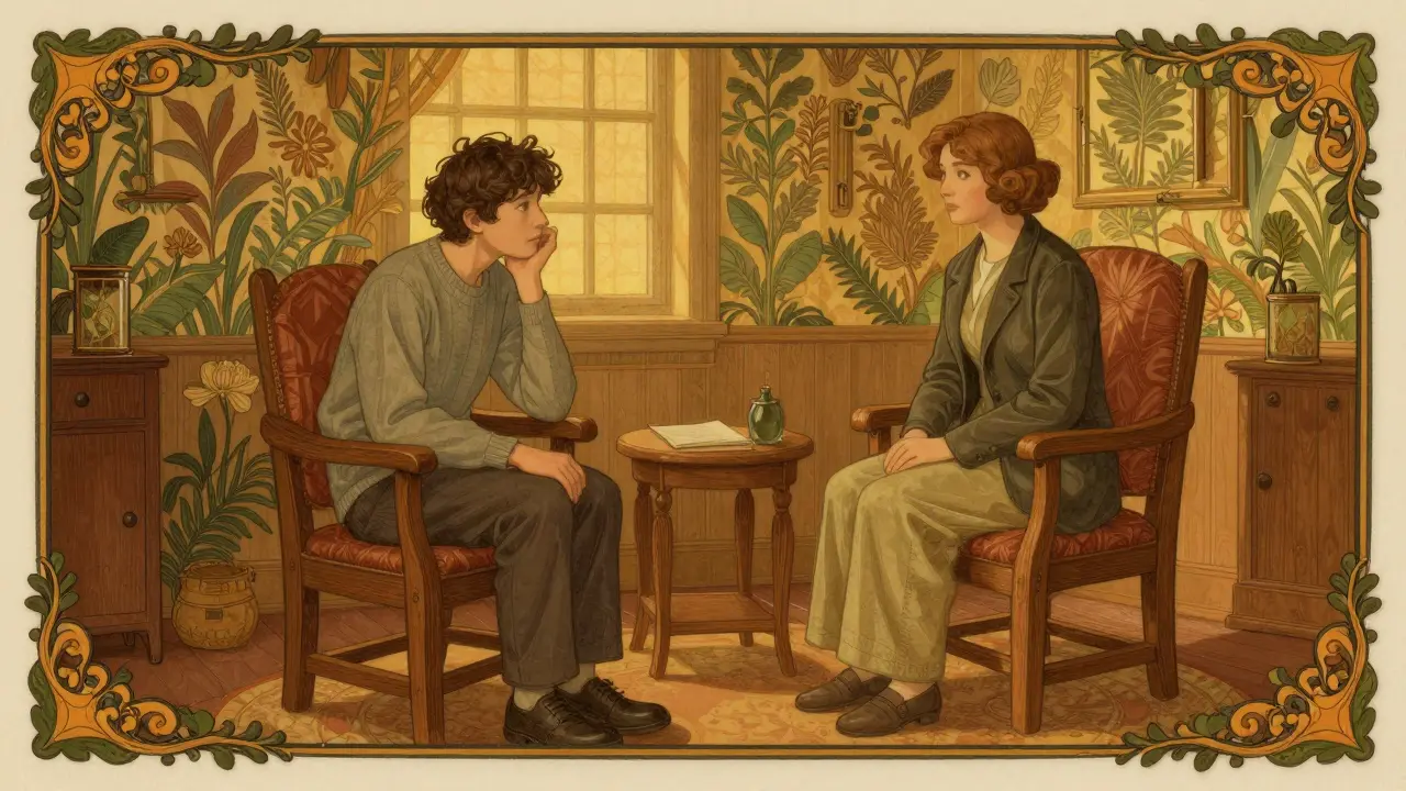 Bezpečné prostředí psychoterapie s pacientem a terapeutem v místnosti s botanickými vzory.