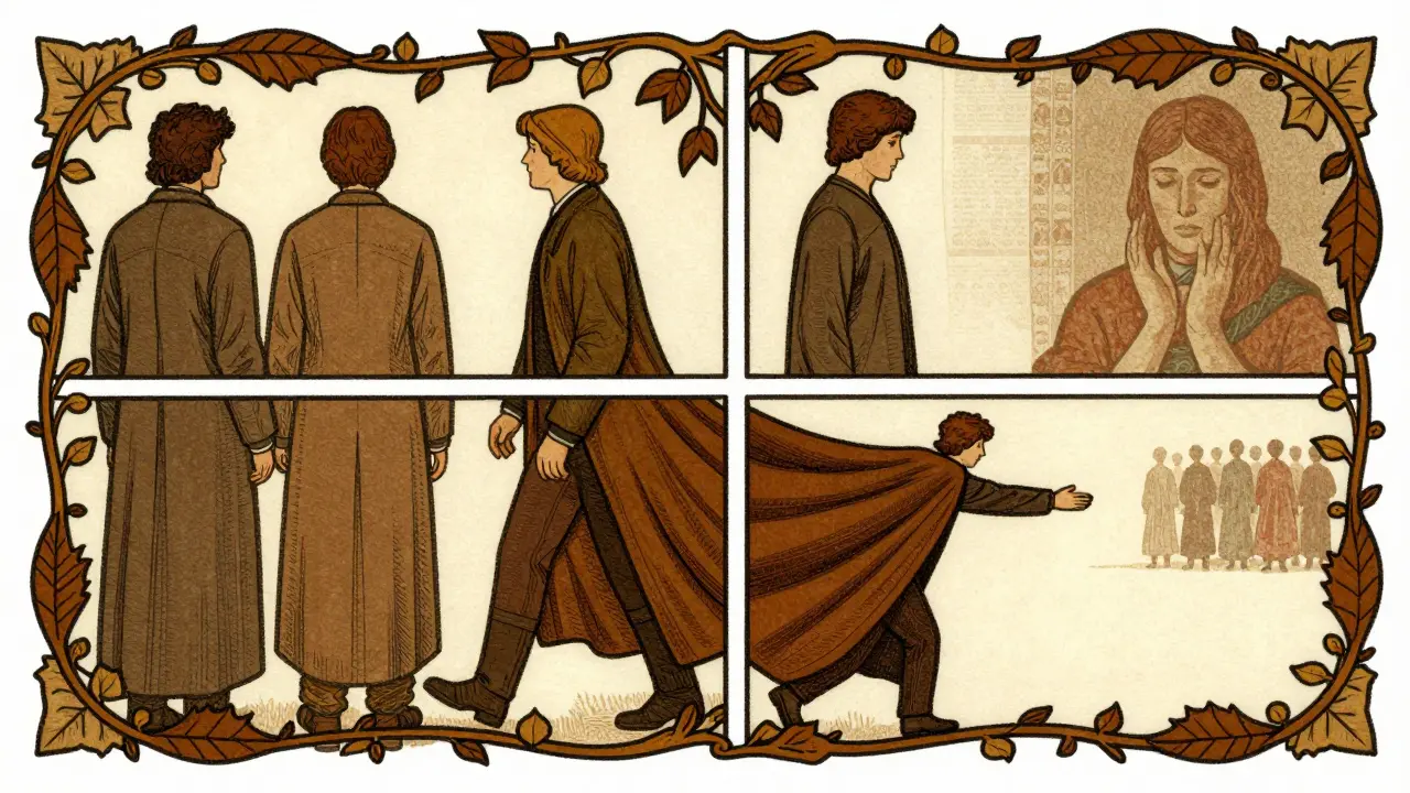 Čtyři scénáře mezilidských krizí oddělené ornamentálními viny a listy.