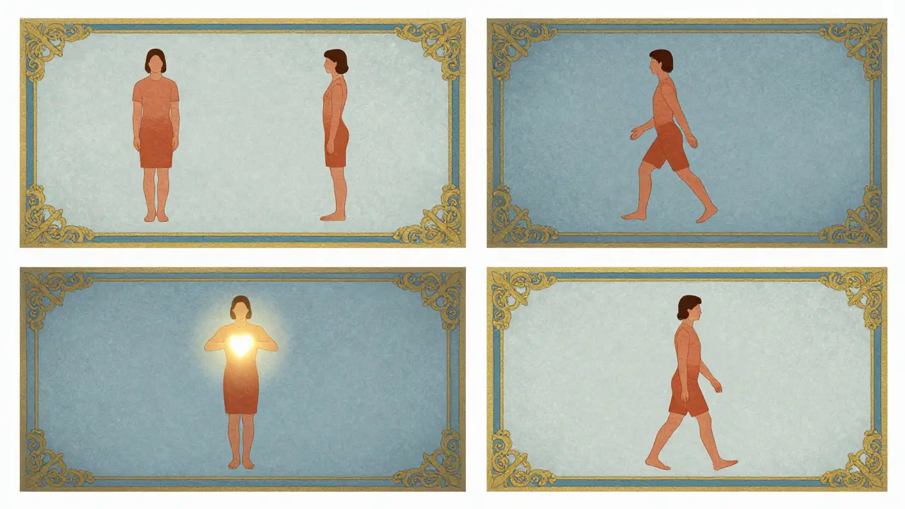 Dekorativní ilustrace v四 panelech znázorňující kroky techniky STOP pro ovládání impulzů.