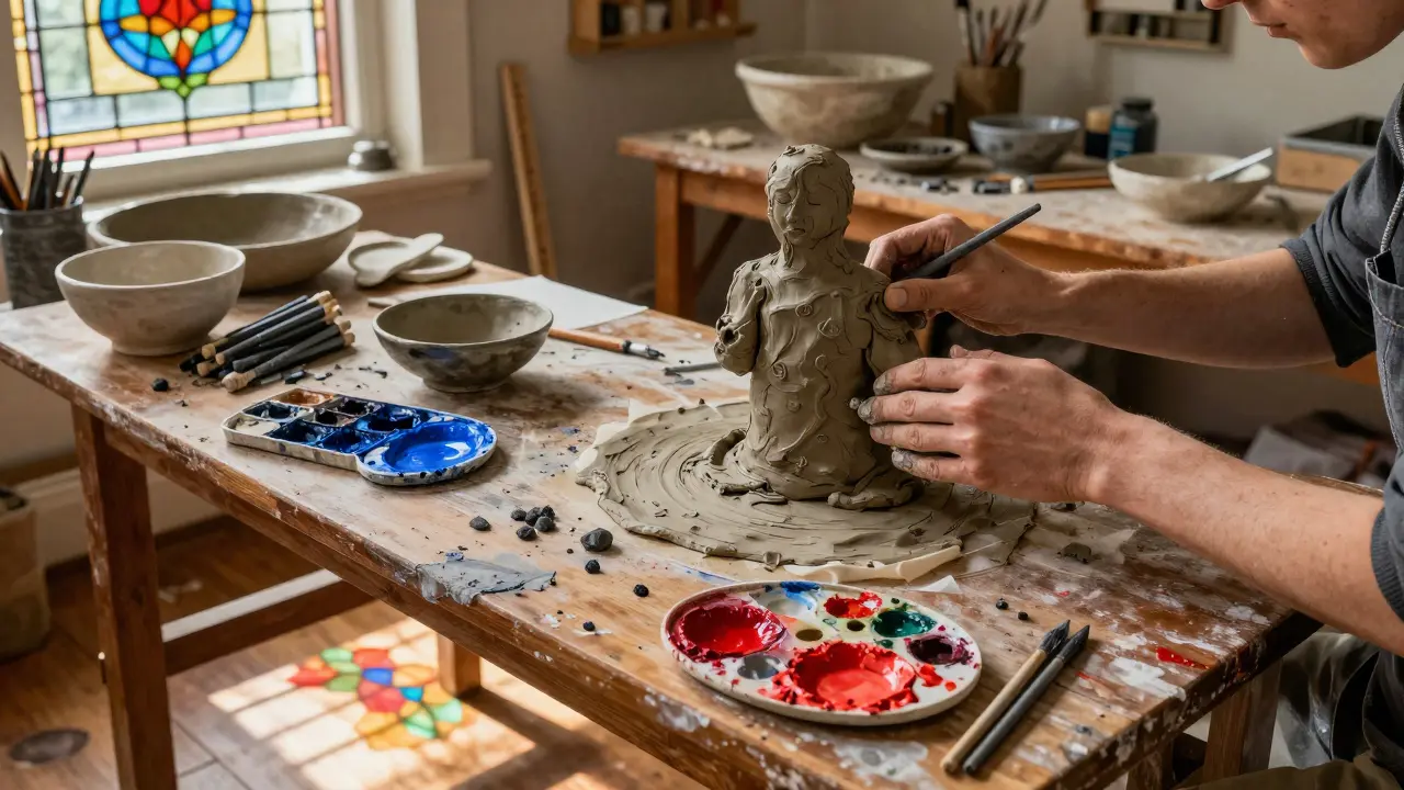 Detailní studio pro arteterapii s modelovací hlínou a barvami v ornamentálním stylu.